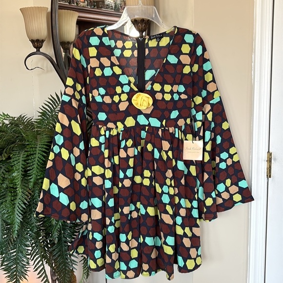 Brand New Unique Vintage Smak Parlour Brown Yellow Geometric 70s Mod Dress - Picture 15 of 15